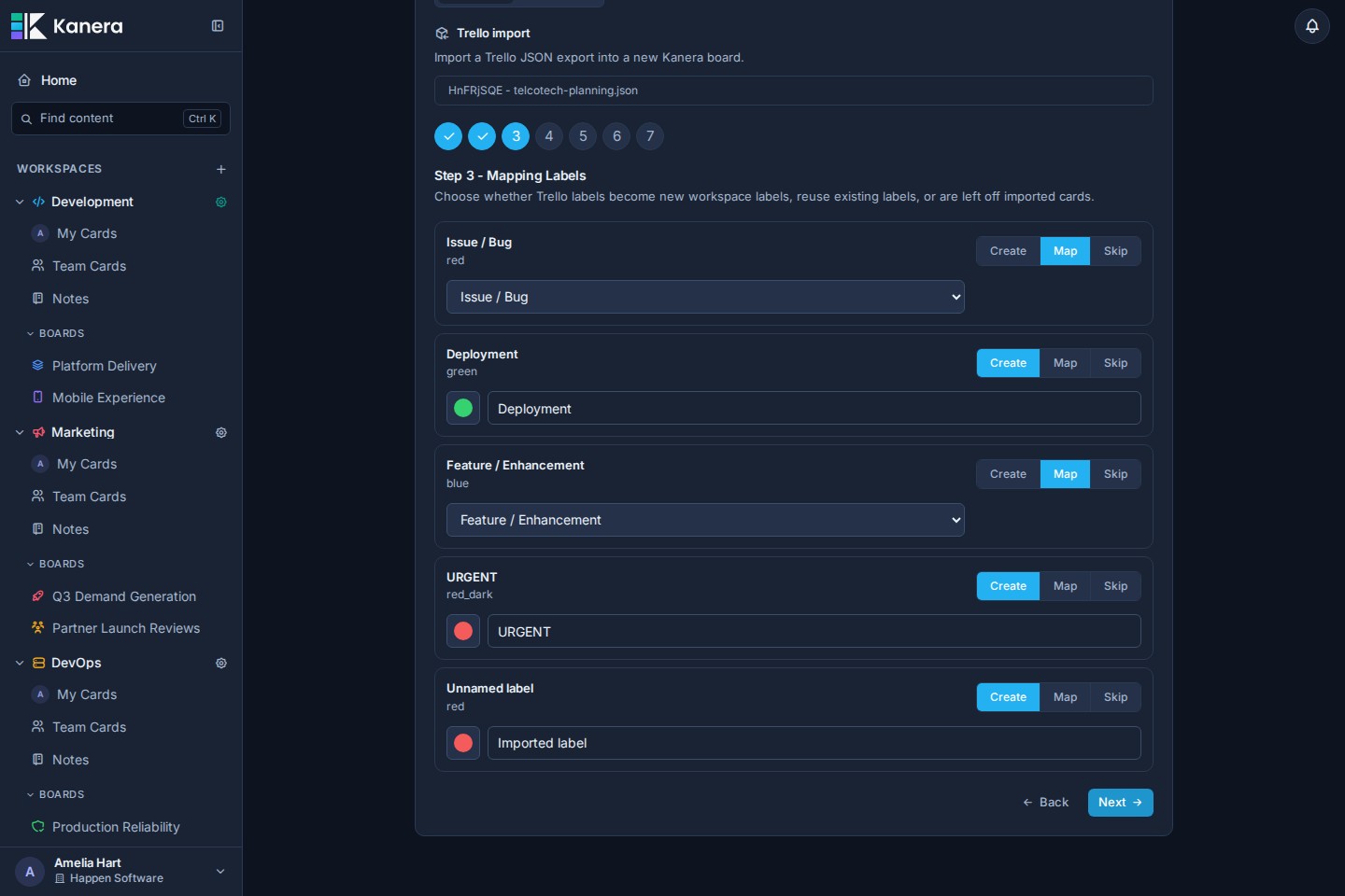 The Trello import label mapping step with imported labels and color choices.