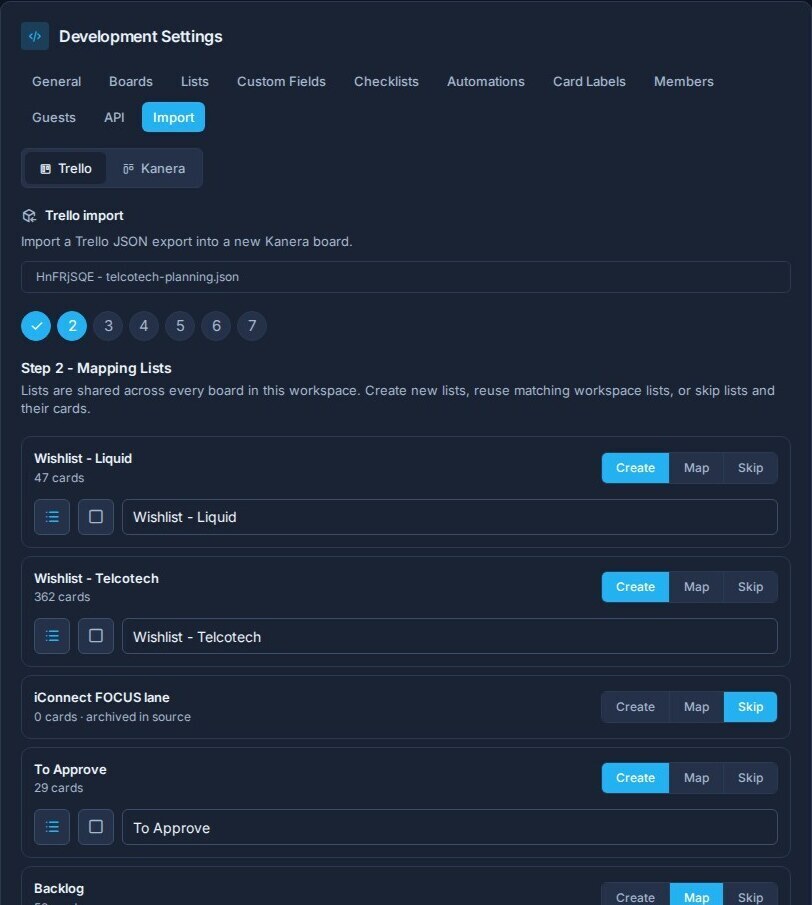 The Trello import list mapping step with create, map, and skip choices.