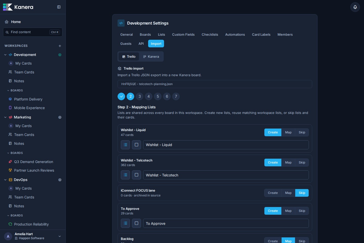 The Trello import list mapping step with create, map, and skip choices.