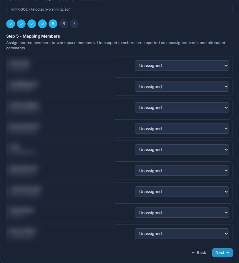 The Trello import member mapping step with Trello users matched to workspace members.
