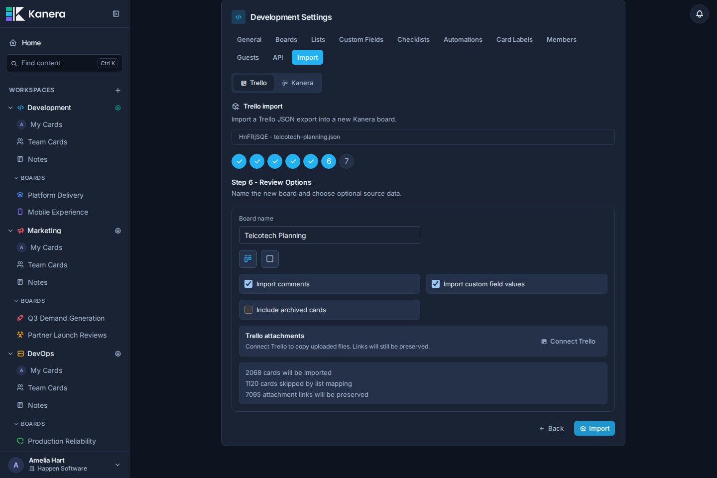 The Trello import review step showing board options, attachment connection, and import summary.