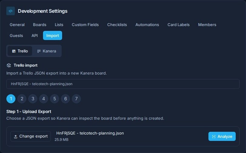 The Trello import upload step in Kanera workspace settings with a JSON export selected.