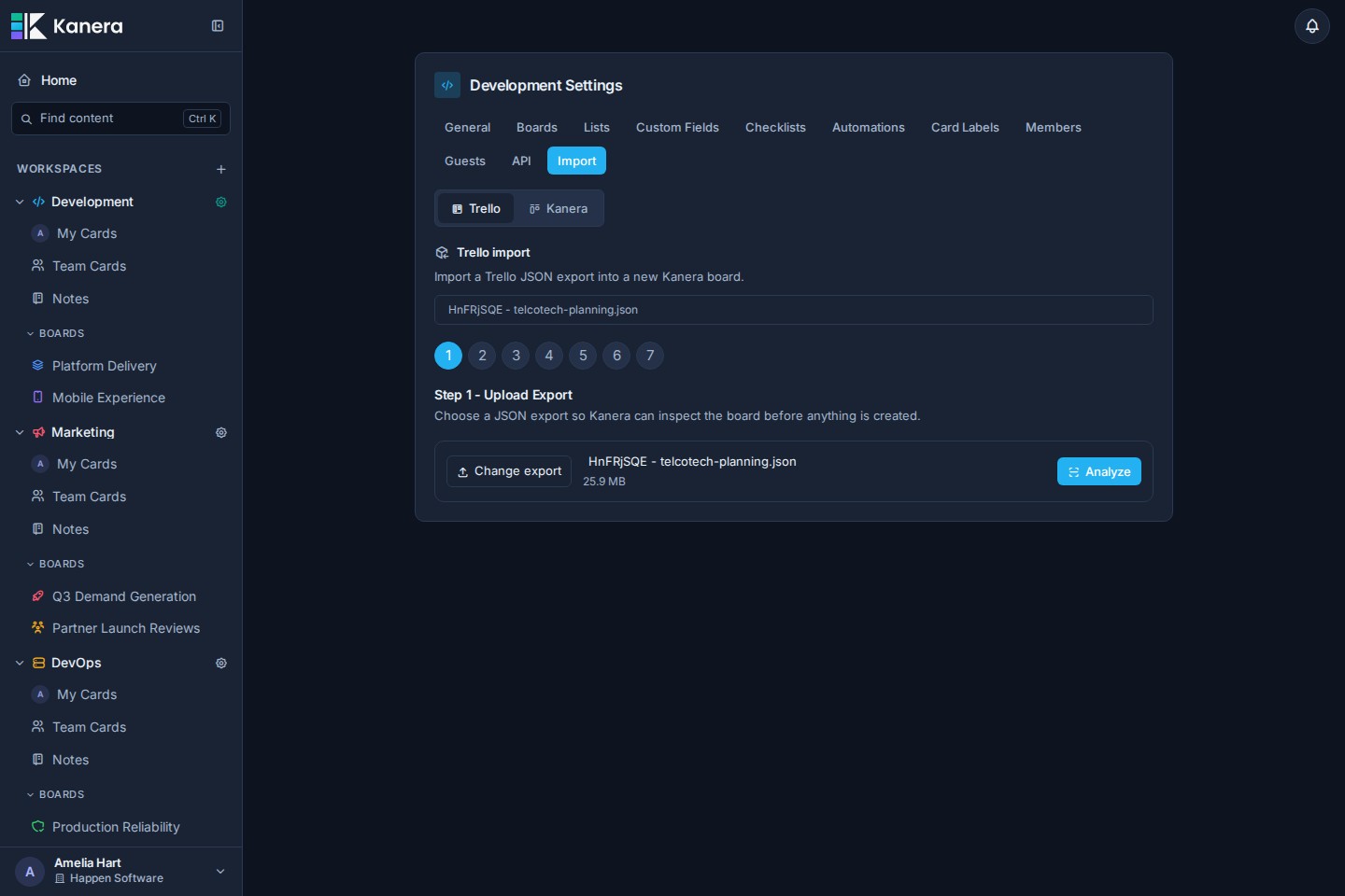 The Trello import upload step in Kanera workspace settings with a JSON export selected.