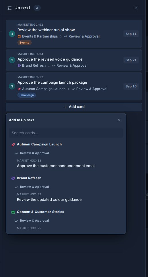 Add to Up next picker grouping eligible assigned cards by their board and list.