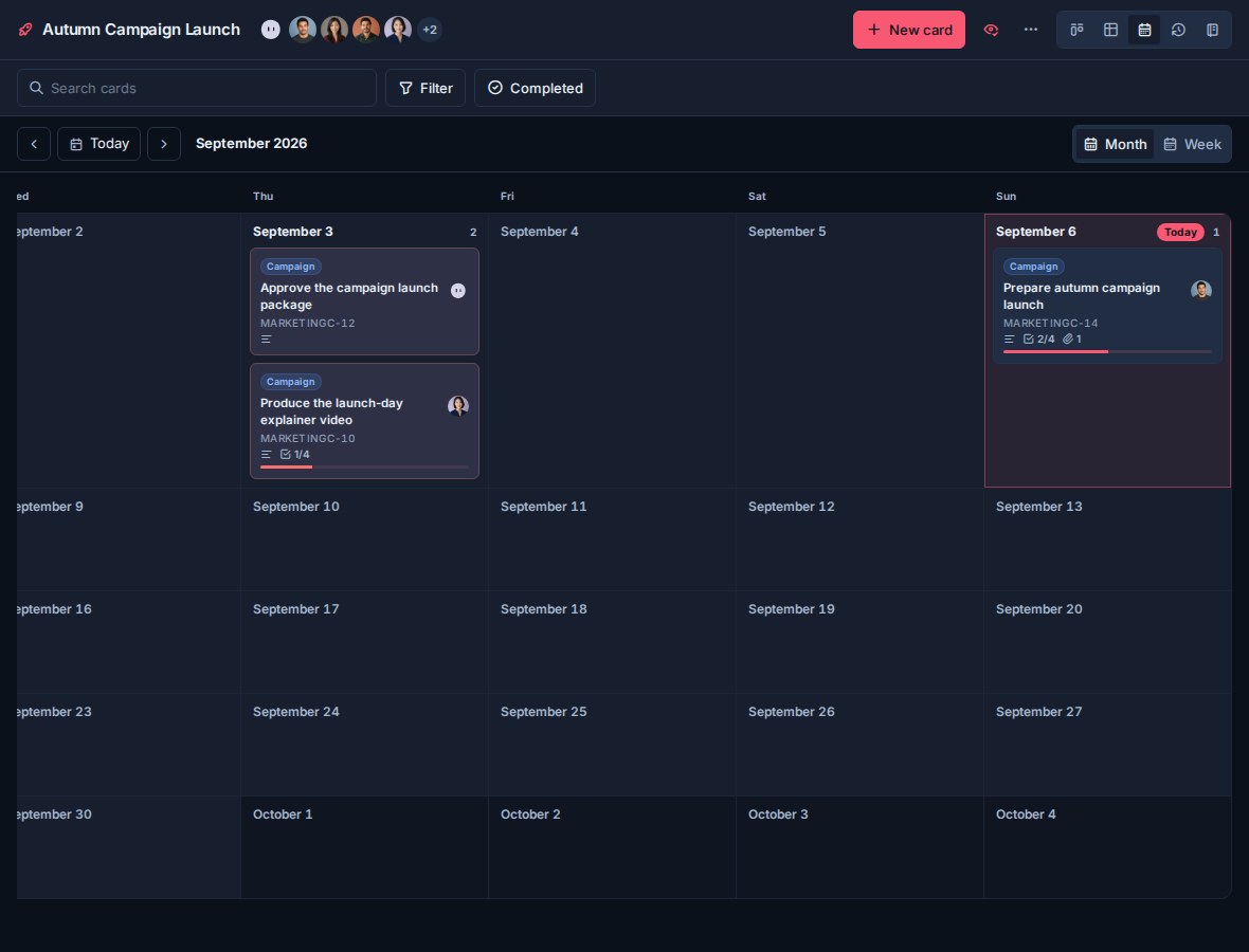 The Autumn Campaign Launch board in Calendar view with cards arranged across the month by due date.