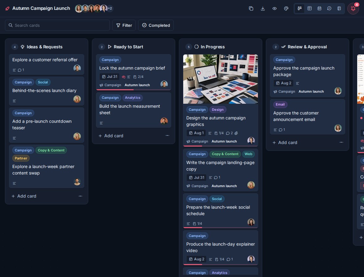 The Autumn Campaign Launch board in Kanban view with workflow columns, card covers, labels, assignees, and progress indicators.