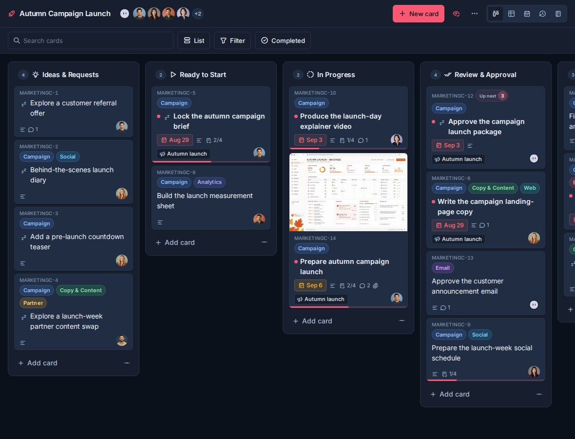 The Autumn Campaign Launch board in Kanban view with workflow columns, card covers, labels, assignees, and progress indicators.