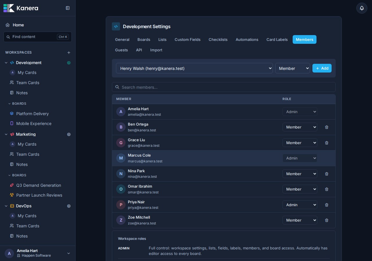 Workspace member settings showing member roles and the role reference panel.
