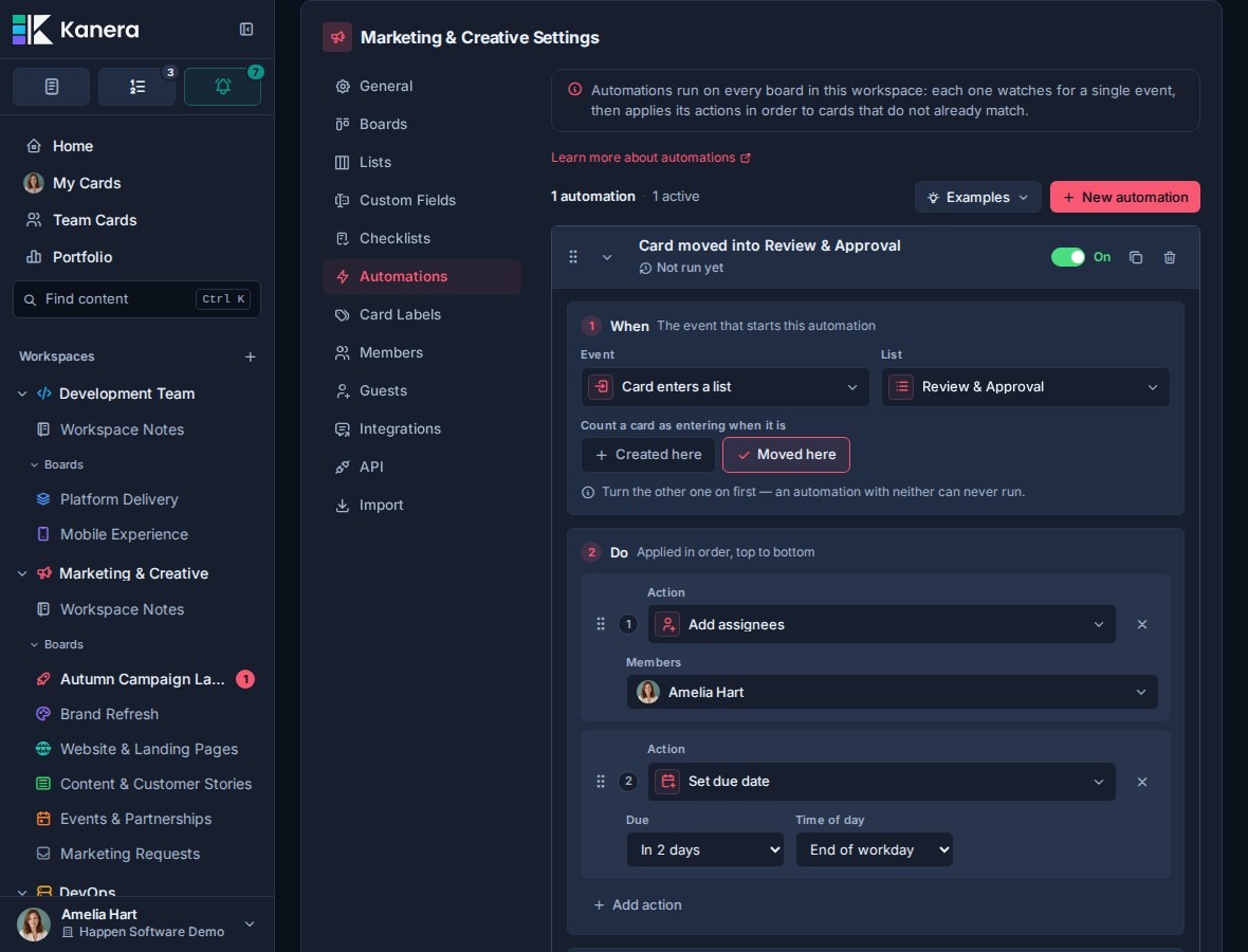 The enabled Marketing and Creative automation expanded to show its Card enters a list trigger and two ordered actions.