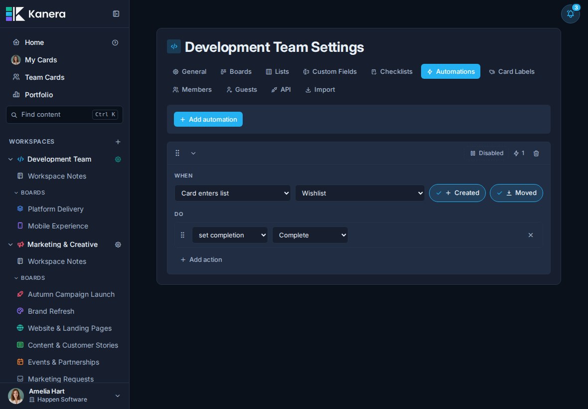 An expanded Kanera automation with a Card enters list trigger and an ordered completion action.