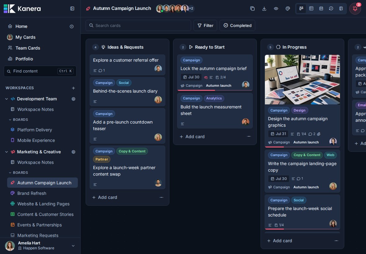A Kanera board with shared workspace lists, card metadata, assignees, and filters.