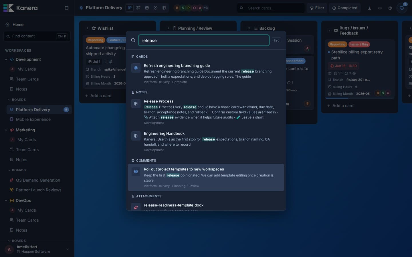 Kanera global search showing results from accessible work.