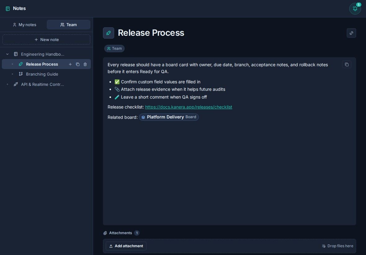 Kanera Notes with a page tree and focused editor.