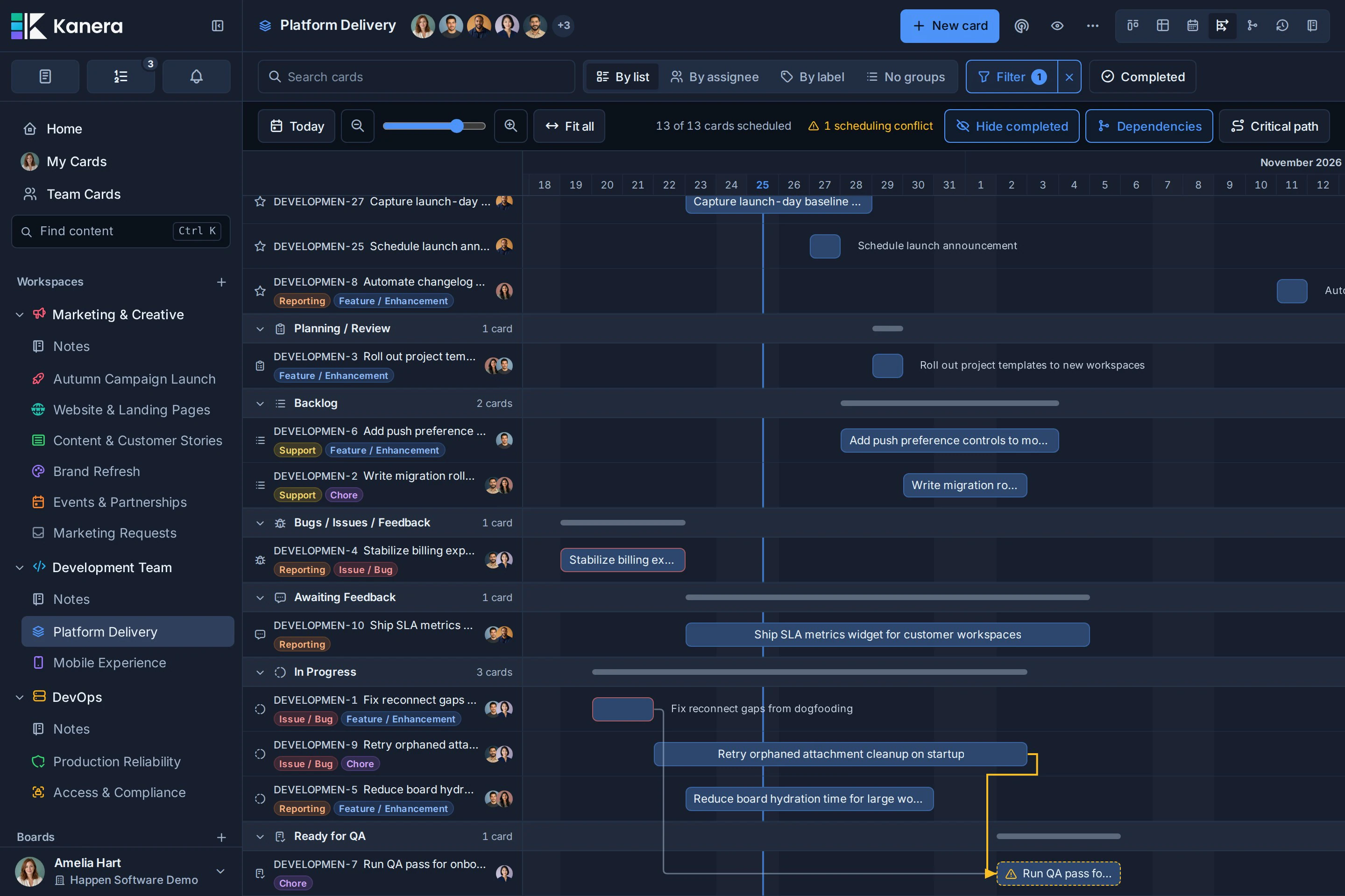 The Platform Delivery Timeline flagging a scheduling conflict on the onboarding QA card and its prerequisite wire.