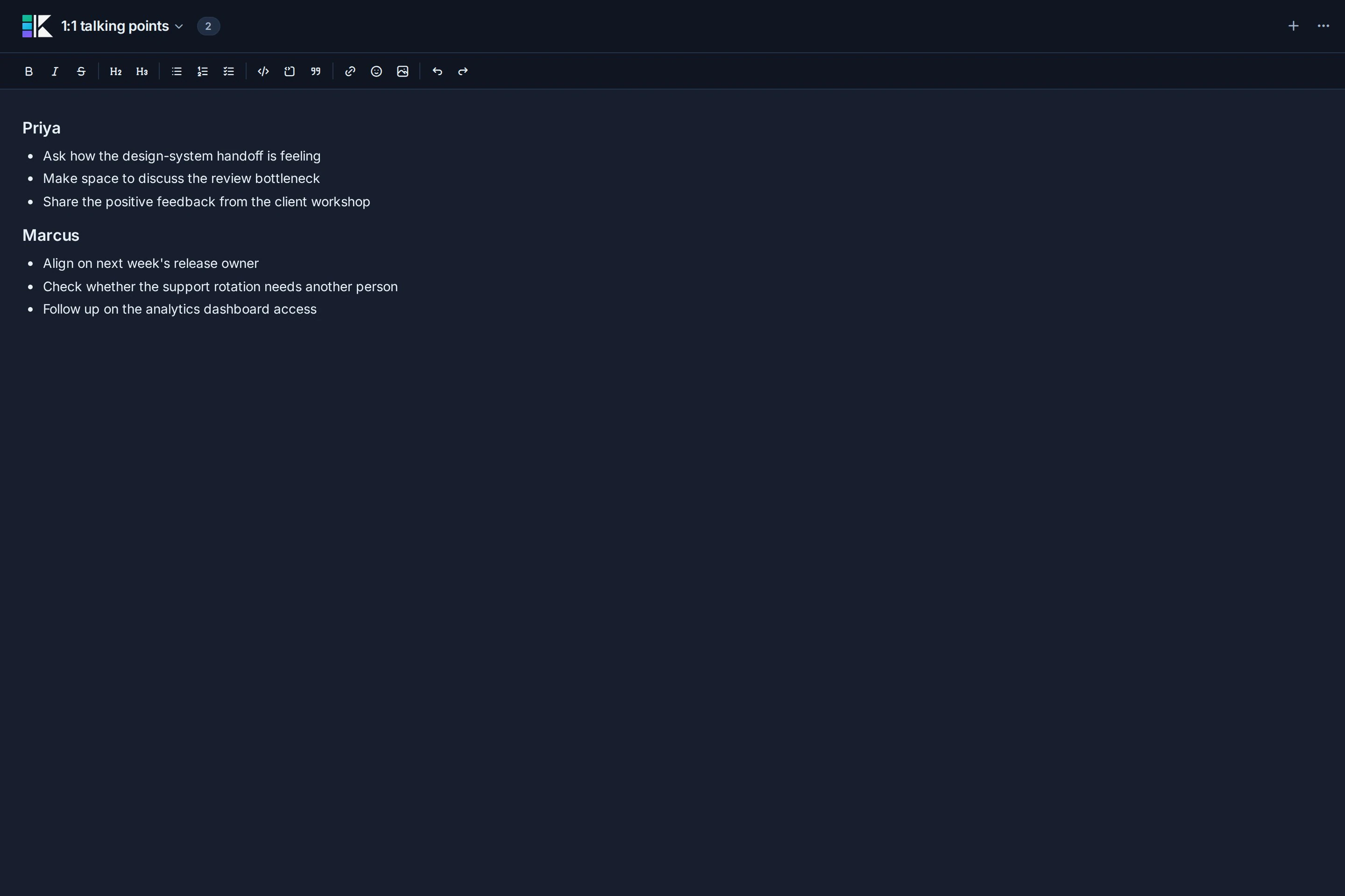 Kanera Scratchpad se abrió como una página enfocada, mostrando los puntos de conversación privados de Amelia 1:1.