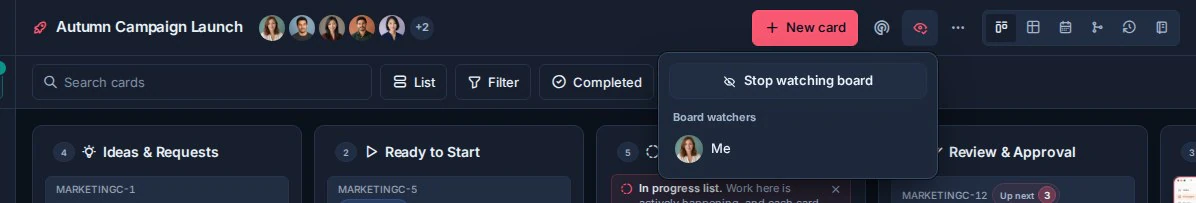 Die Board-Watcher-Schaltfläche und das Popover im Kanera-Board-Header.