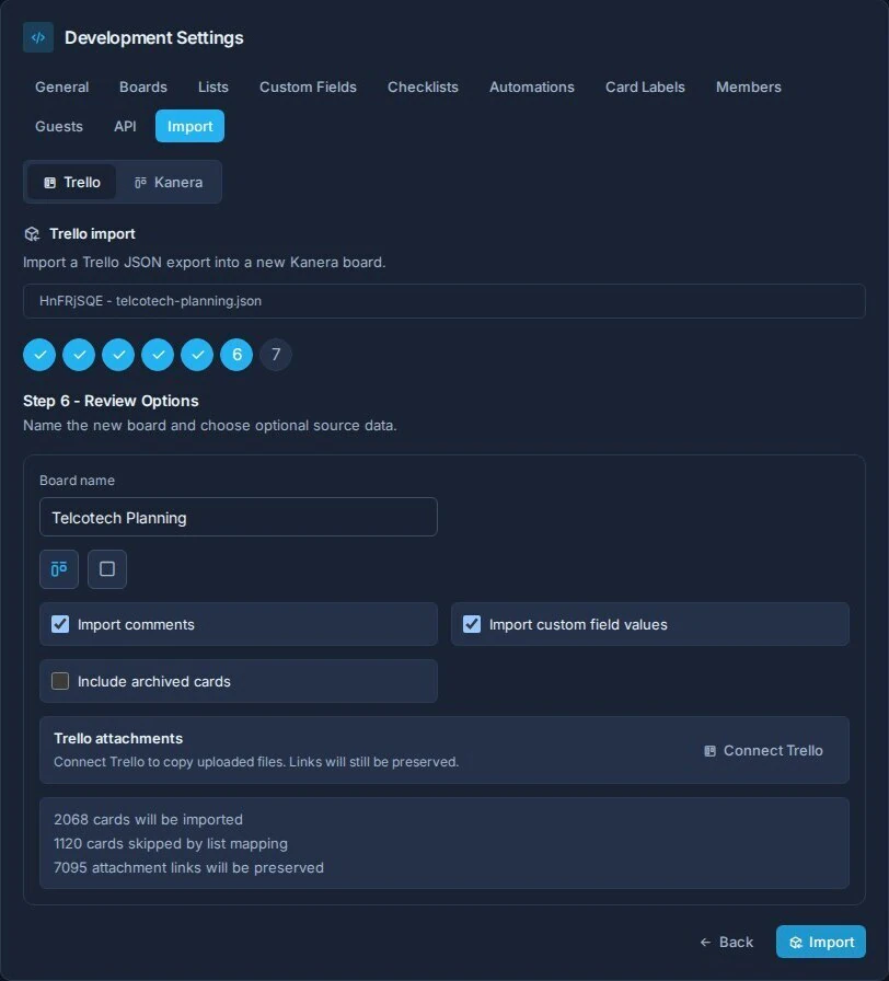 The Trello import review step showing board options, attachment connection, and import summary.