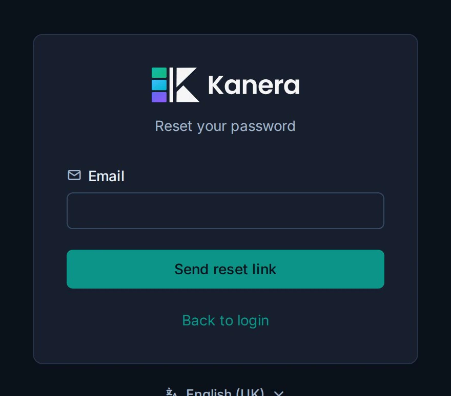 The Kanera password-reset form in dark mode with the email and Send reset link controls.
