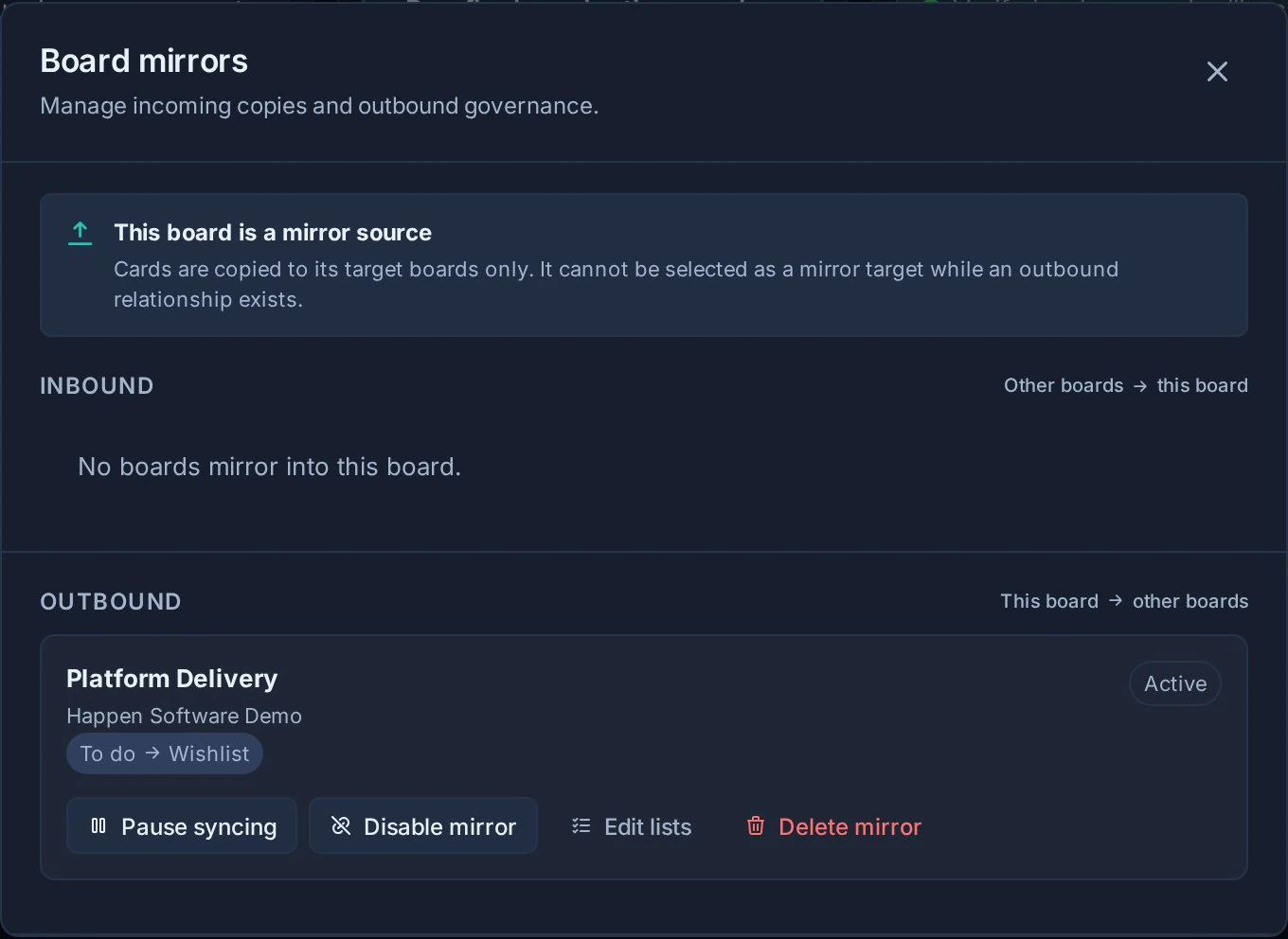 Die Board-Mirror-Verwaltung zeigt eine aktive ausgehende Beziehung von der Start-Checkliste zur Plattformbereitstellung, wobei Aufgaben der Wunschliste zugeordnet sind.