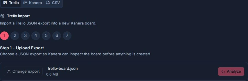 Kanera analyse une exportation Trello JSON sélectionnée avant d'afficher les options de mappage.