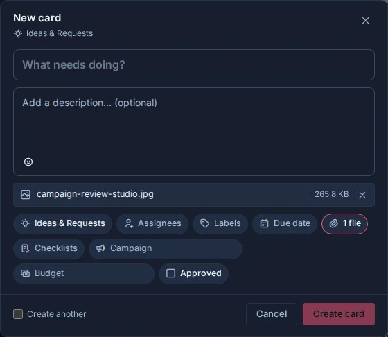 The quick-capture composer with campaign-review-studio.jpg staged as an attachment before card creation.