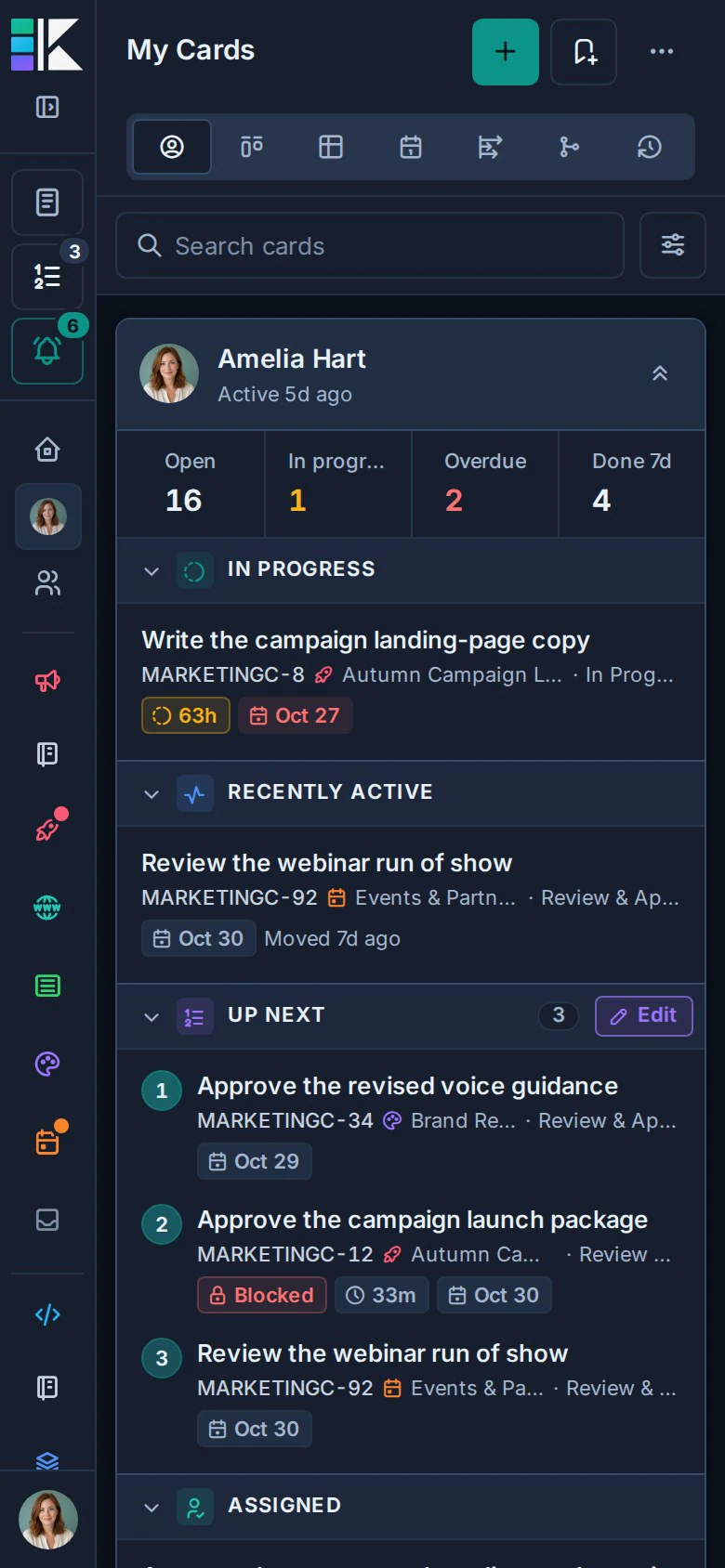 My overview on a phone with Amelia's counts and personal work sections.