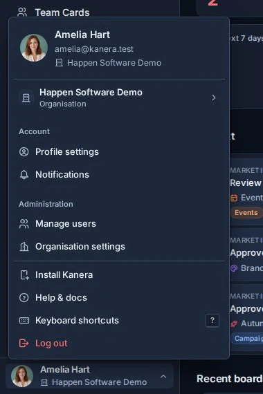 Kanera account menu on desktop, with the Install Kanera option