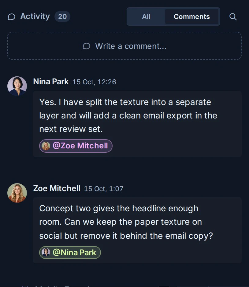 A Kanera card Activity column with Comments selected, showing the composer, teammate discussion, mentions, replies, and thumbs-up controls.
