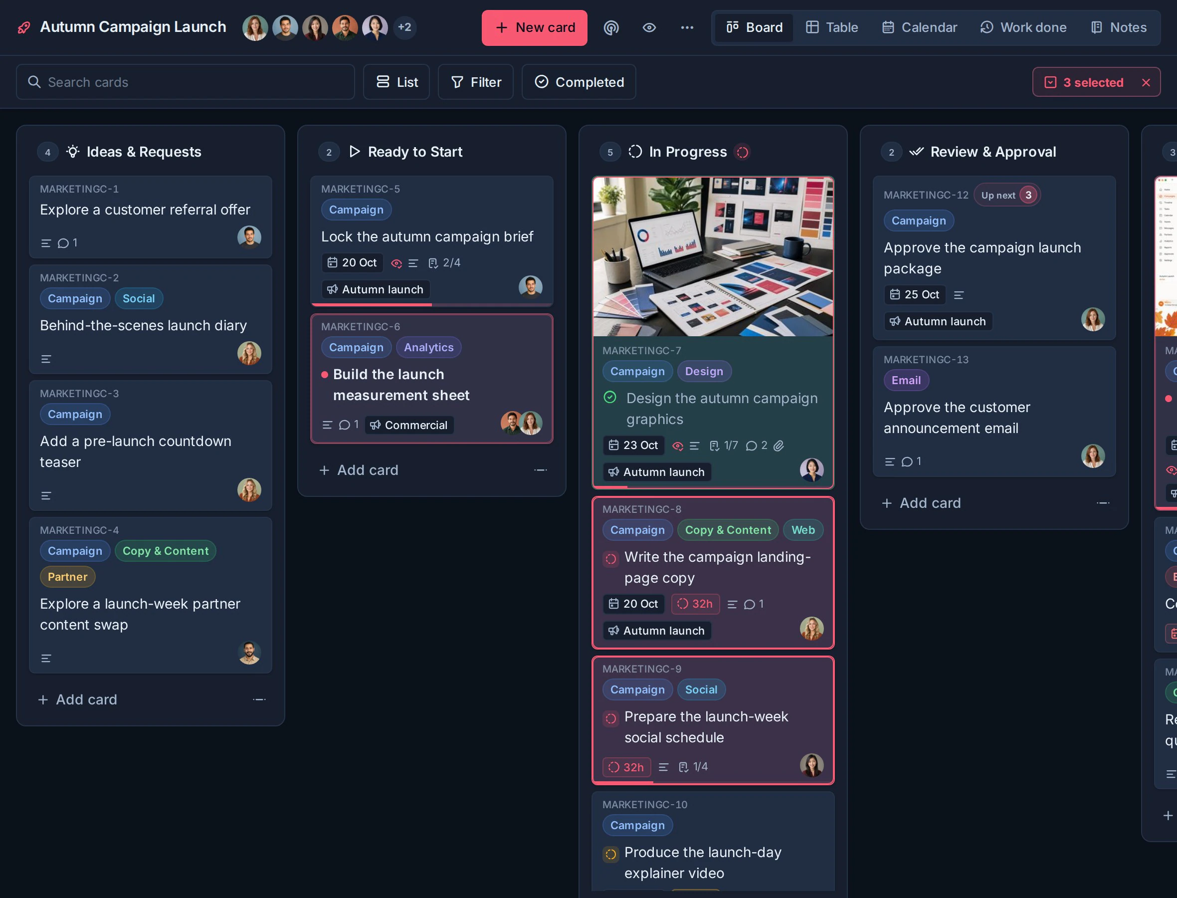 Three cards selected together on a Kanban board, with the selected count shown in the board toolbar.