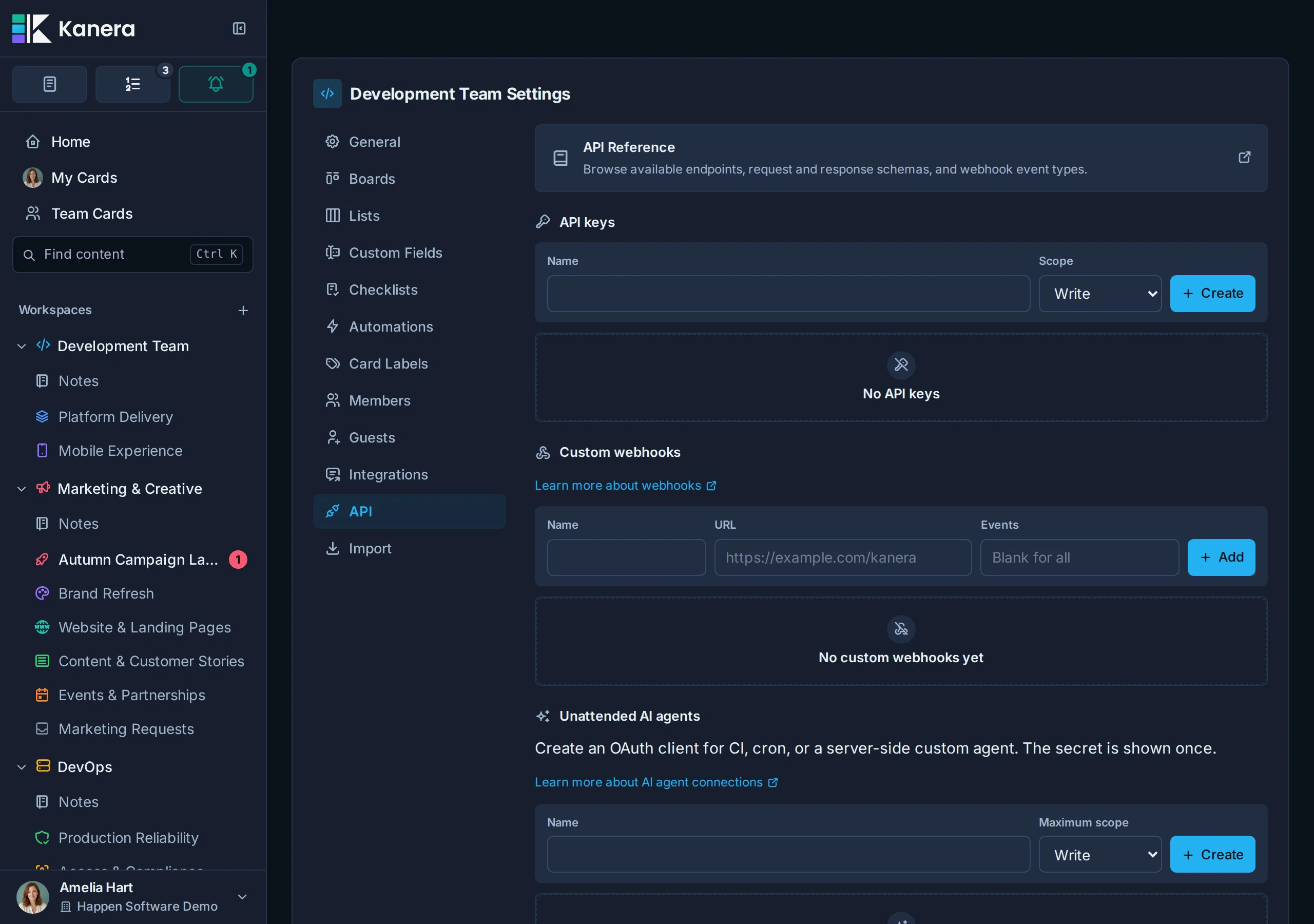 Workspace API settings showing webhook configuration.