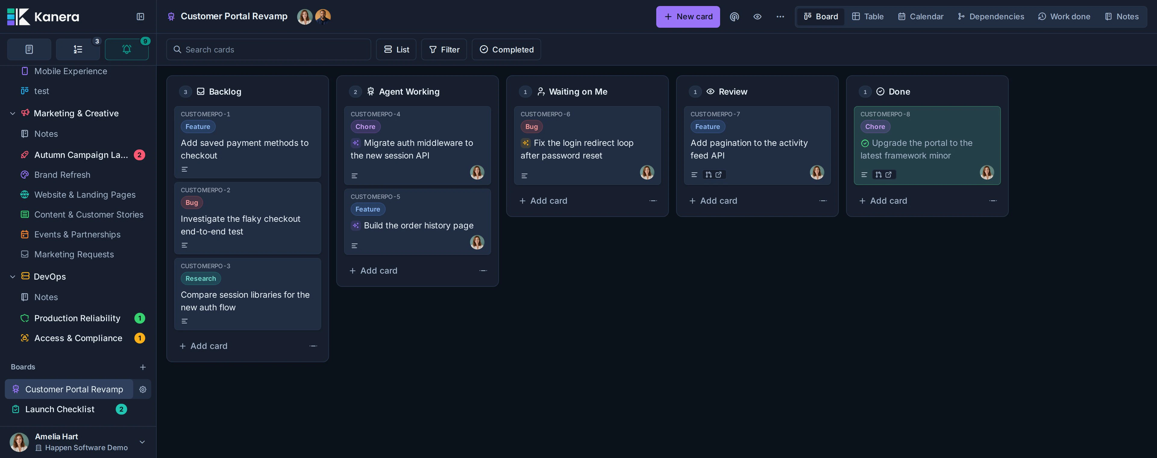 Ein Kanera-Agentenarbeitsboard mit den Listen „Rückstand“, „Arbeiten des Agenten“, „Warten auf mich“, „Überprüfen“ und „Fertig“. Zwei Karten in „Agent Working“ zeigen den glitzernden Run-Chip, die Karte in „Waiting on Me“ zeigt den bernsteinfarbenen Chip eines blockierten Runs und eine fertige Karte befindet sich in „Review“.
