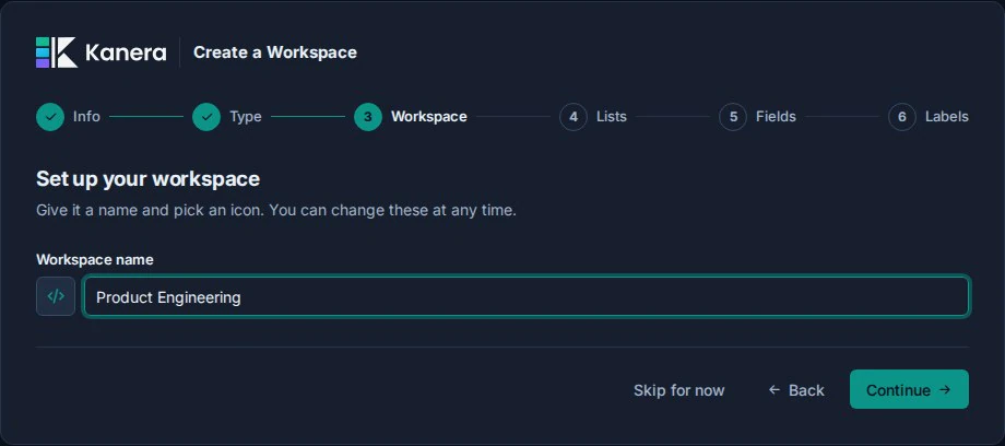 Der Schritt „Arbeitsbereichsdetails“ beim Kanera-Onboarding.
