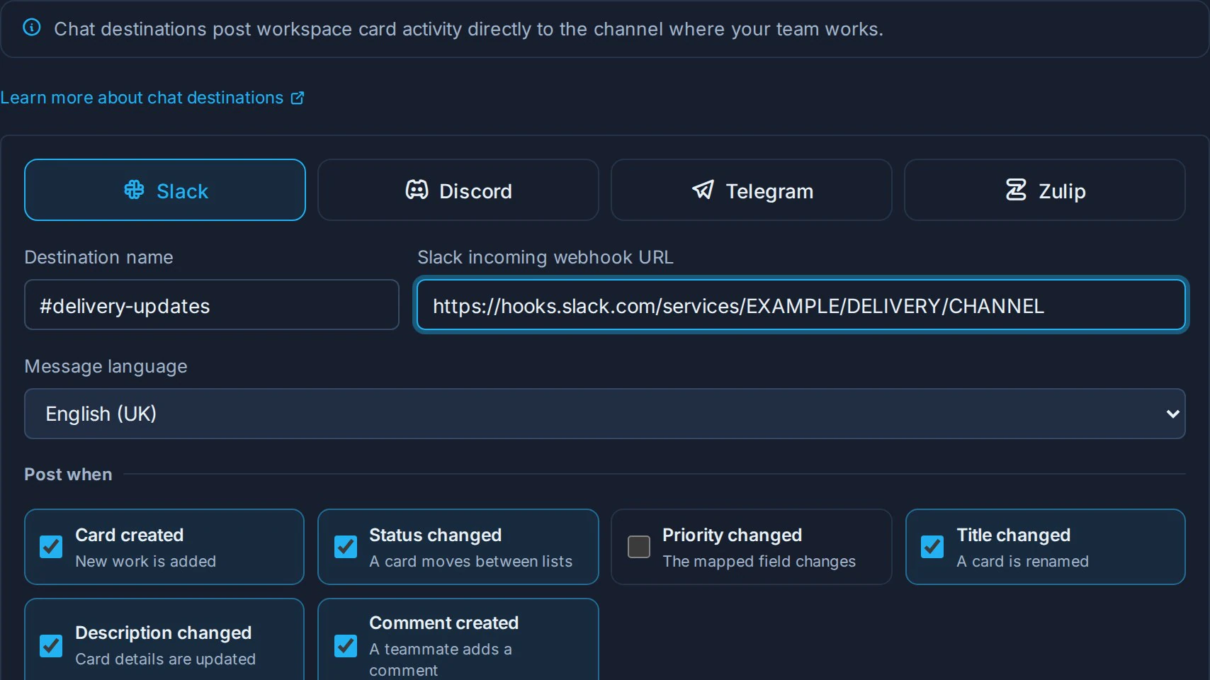 Le formulaire de destination de discussion Slack avec les choix de fournisseur, les champs de connexion, six événements de carte sélectionnables et l'action Ajouter une destination.