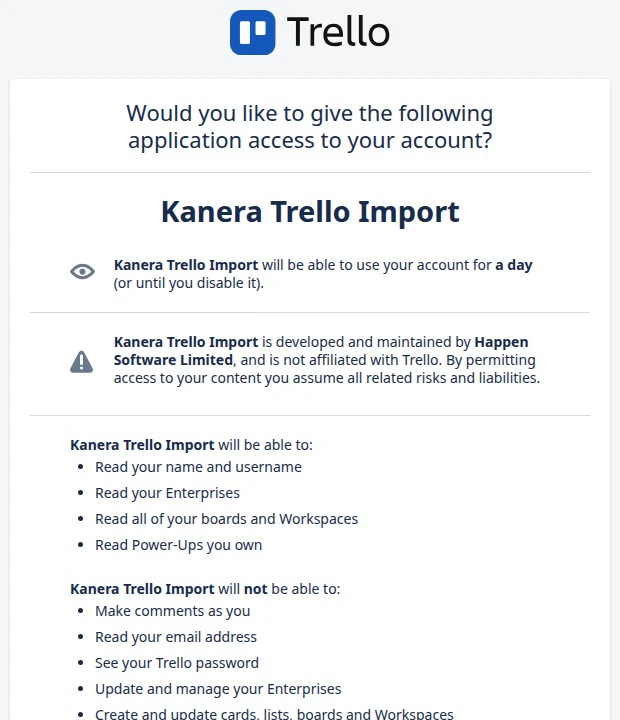 The Trello authorization popup asking to grant Kanera Trello Import read access.