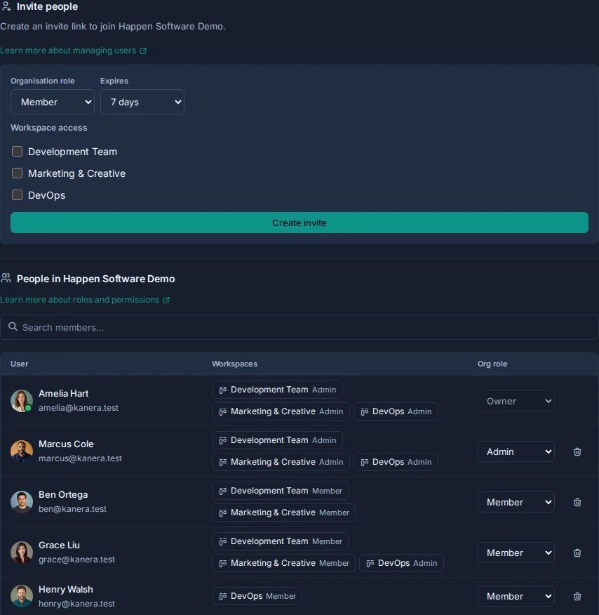 Configuración de usuario de la organización con controles de invitación y administración de usuarios.