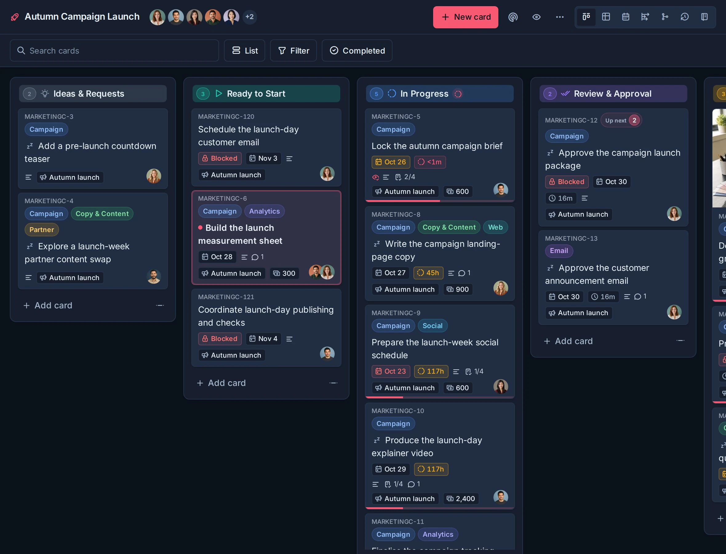 Das Board zum Start der Herbstkampagne in der Kanban-Ansicht mit Workflow-Spalten, Kartenumschlägen, Beschriftungen, Beauftragten und Fortschrittsindikatoren.