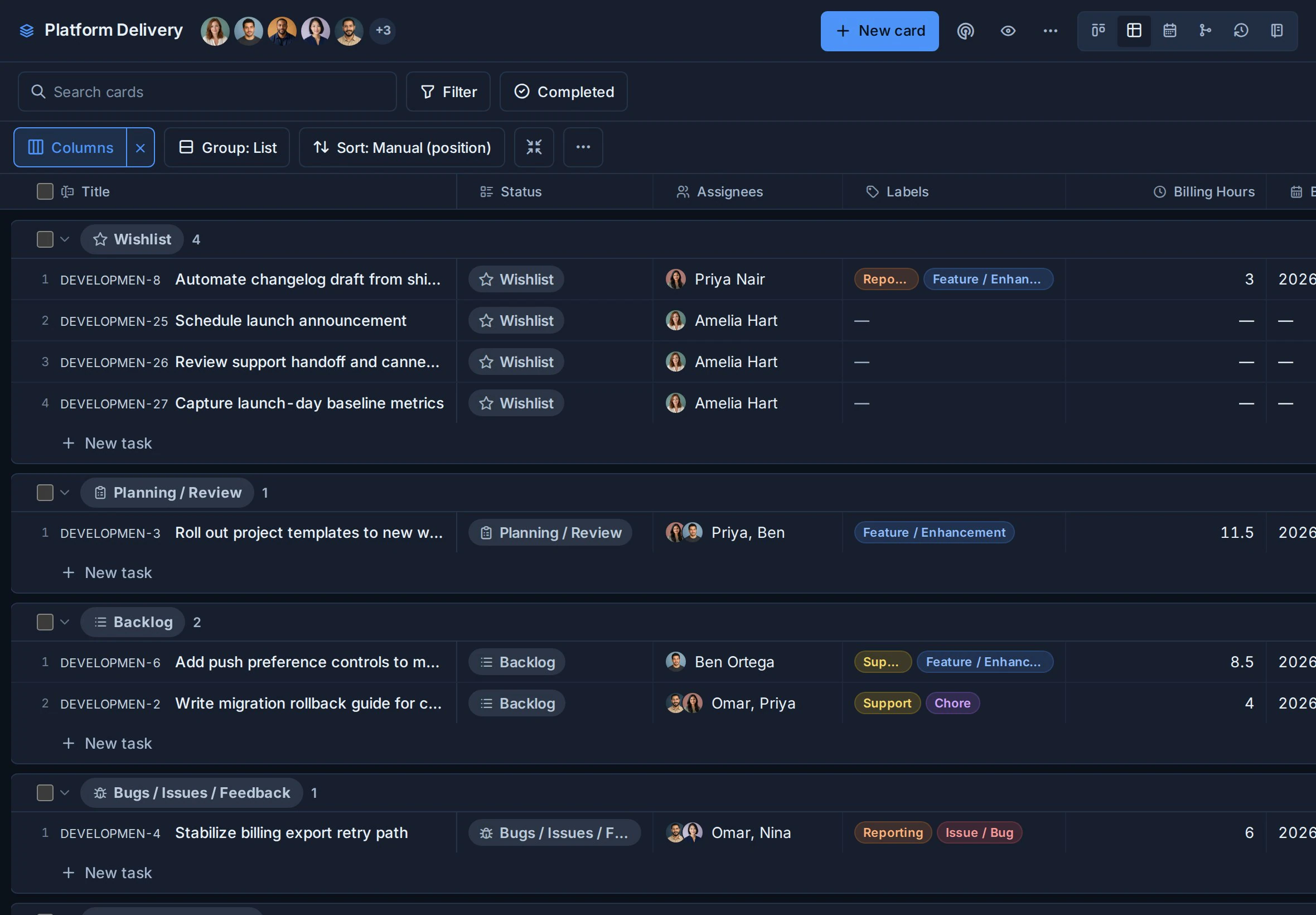 Die Platform Delivery-Tabelle gruppiert Karten nach gemeinsamen Workflow-Listen und zeigt Beschriftungen neben den Berichtsfeldern an.