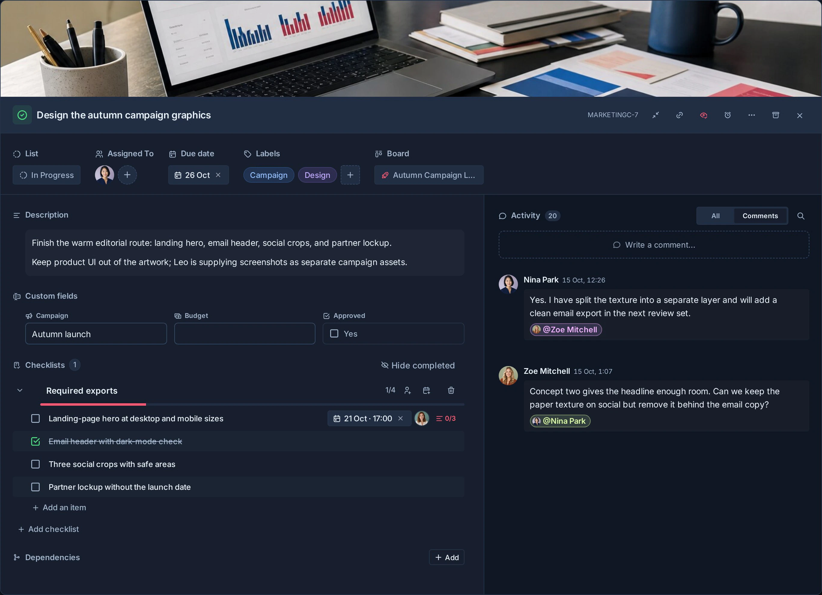 A full-screen Kanera card detail with assignments, dates, labels, description, custom fields, checklists, and activity.