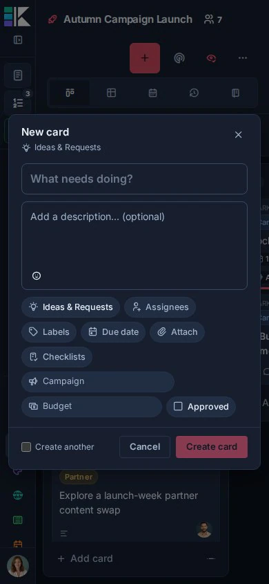 The New card quick-capture composer on a mobile Kanera board.