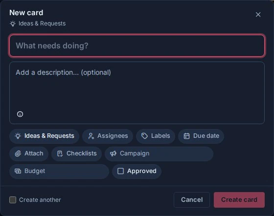The New card quick-capture composer opened from Ideas and Requests on the Autumn Campaign Launch board.