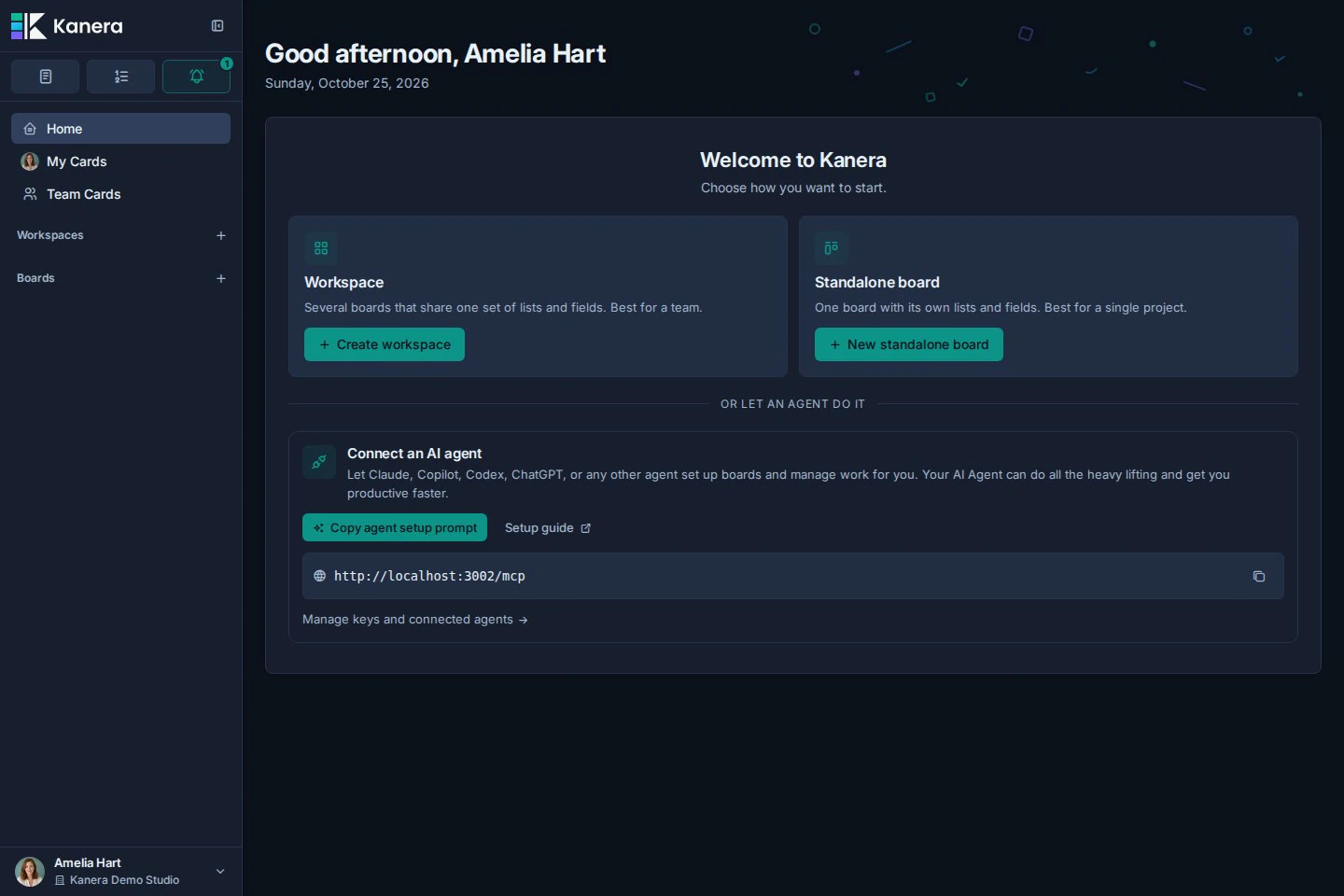Kanera Home nach dem Onboarding wurde übersprungen und zeigt die Auswahlmöglichkeiten für Workspace und Standalone-Board sowie unten eine Option zur Verbindung mit einem KI-Agenten.