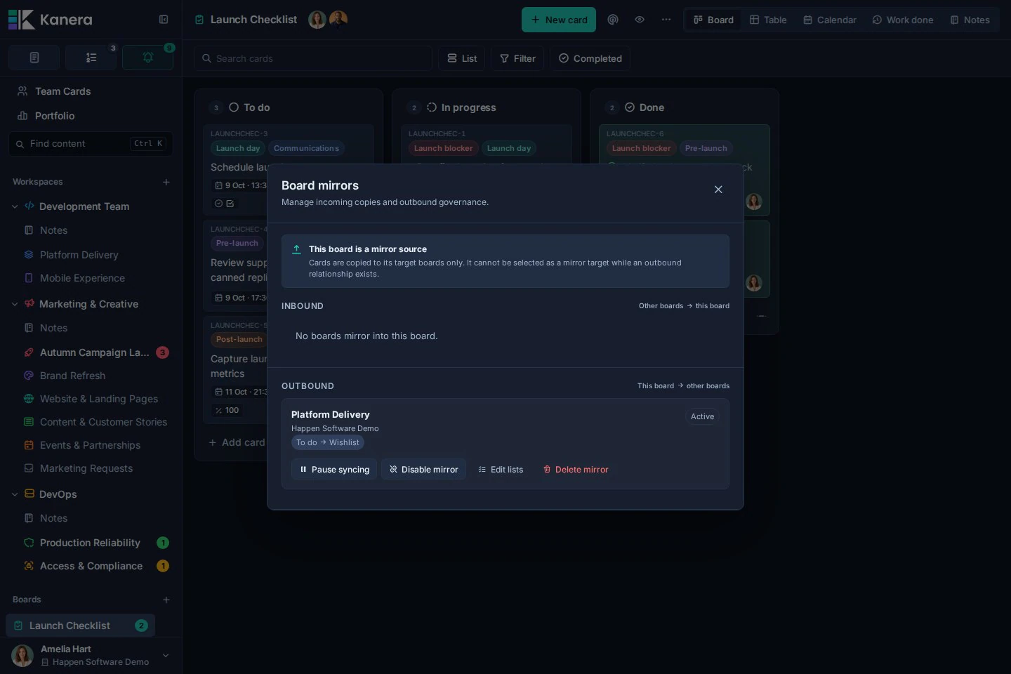 Board mirror management shows an active outbound relationship from Launch Checklist to Platform Delivery with To do mapped to Wishlist.