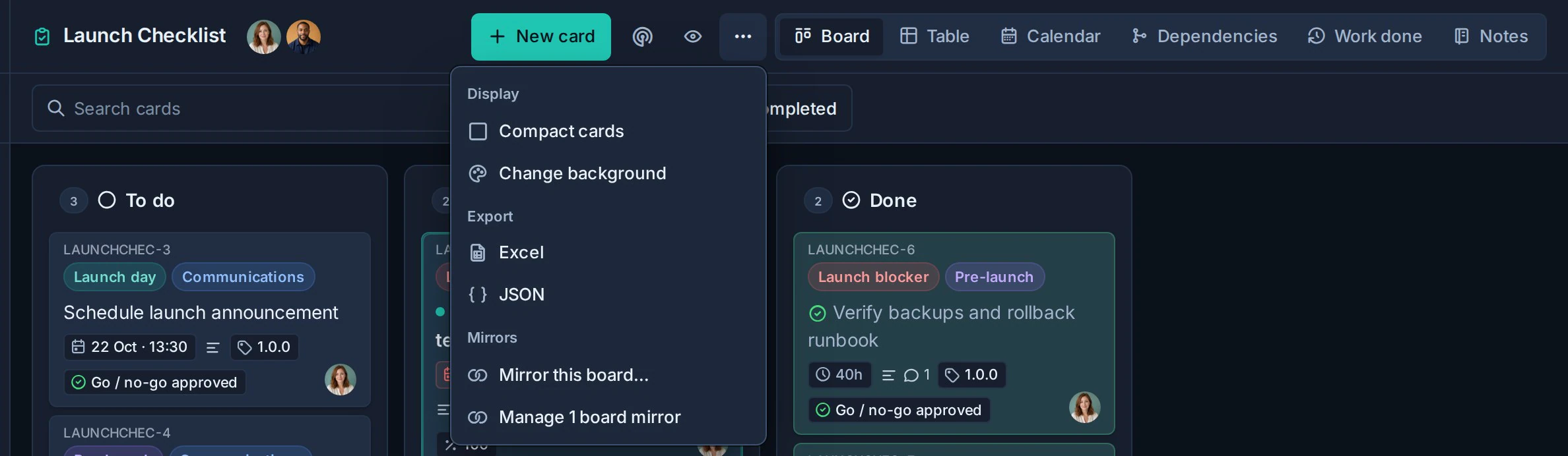 Im Board-Menü unter „Checkliste starten“ werden „Dieses Board spiegeln“ und „1 Board-Spiegelung verwalten“ angezeigt, beide mit überlappenden Kreissymbolen.