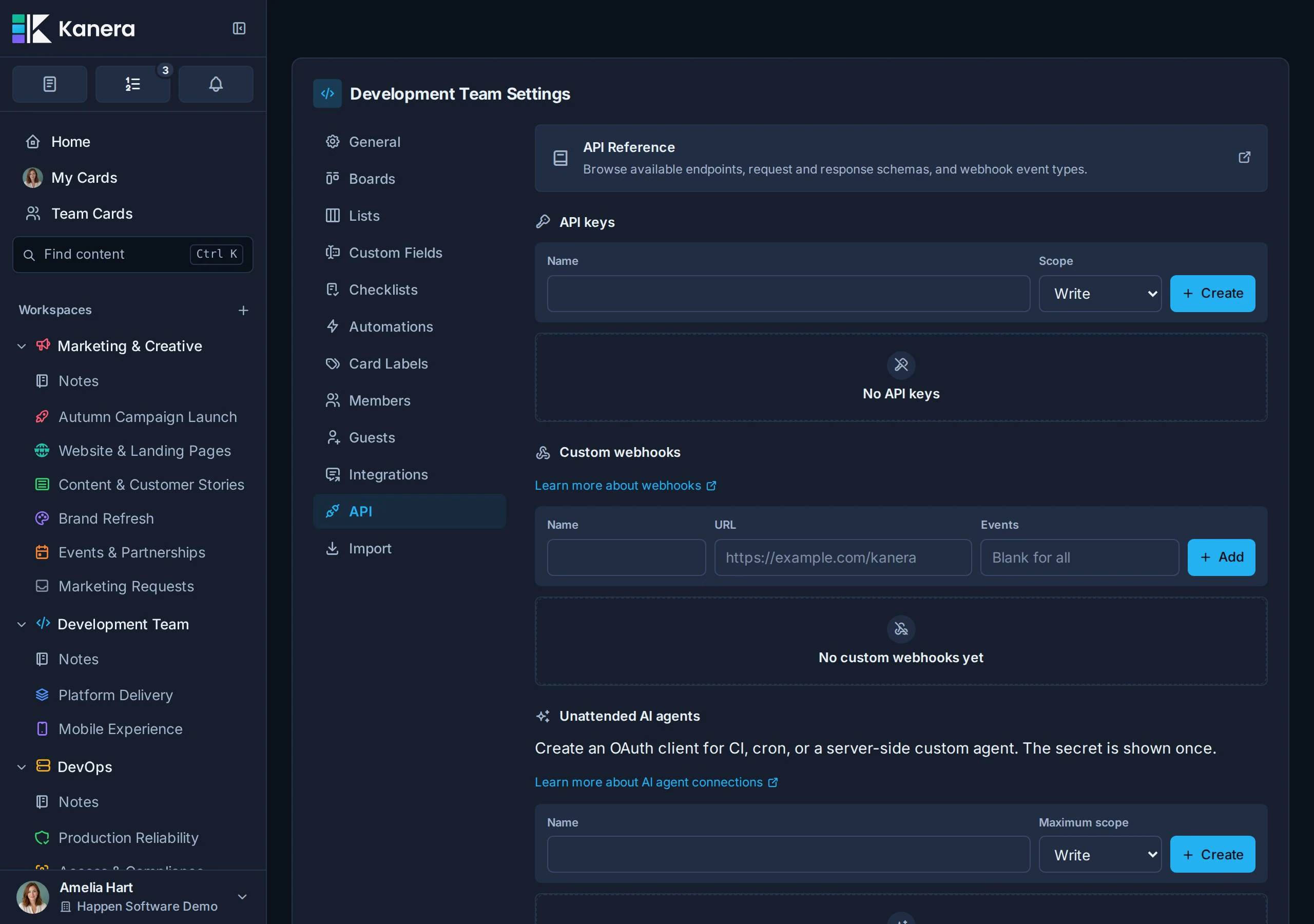 工作區 API 設定,包括 API 金鑰和 webhook 管理。