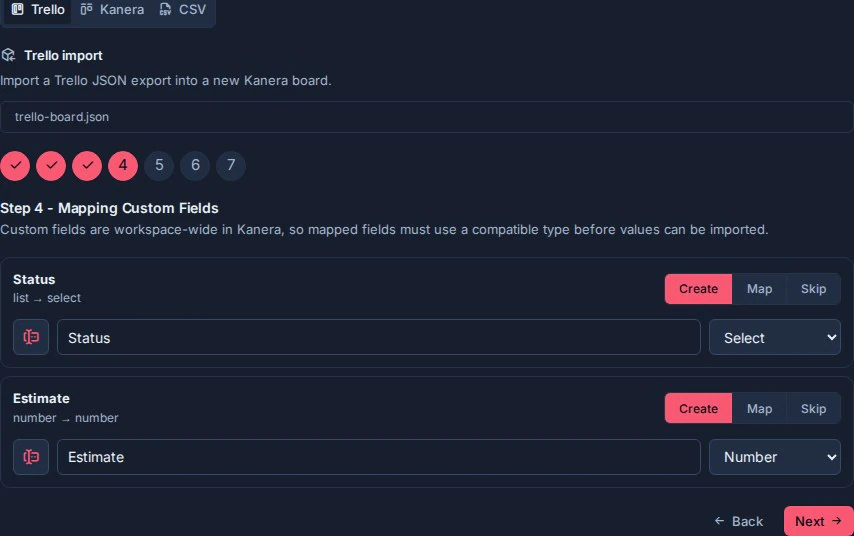 L'étape de mappage de champs personnalisés d'importation Trello affichant les types de champs source et les types de champs Kanera.