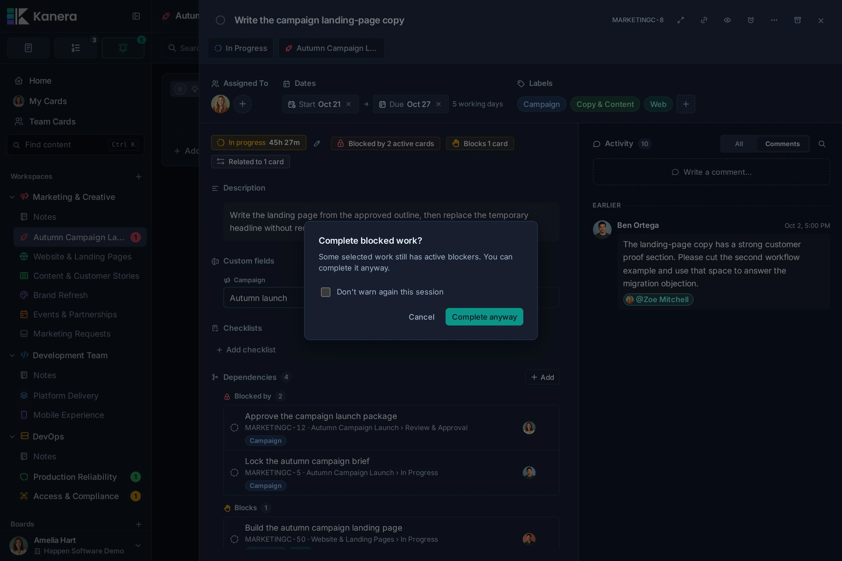 Advertencia de finalización del trabajo bloqueado de Kanera con Cancelar, Completar de todos modos y la preferencia de advertencia de sesión.