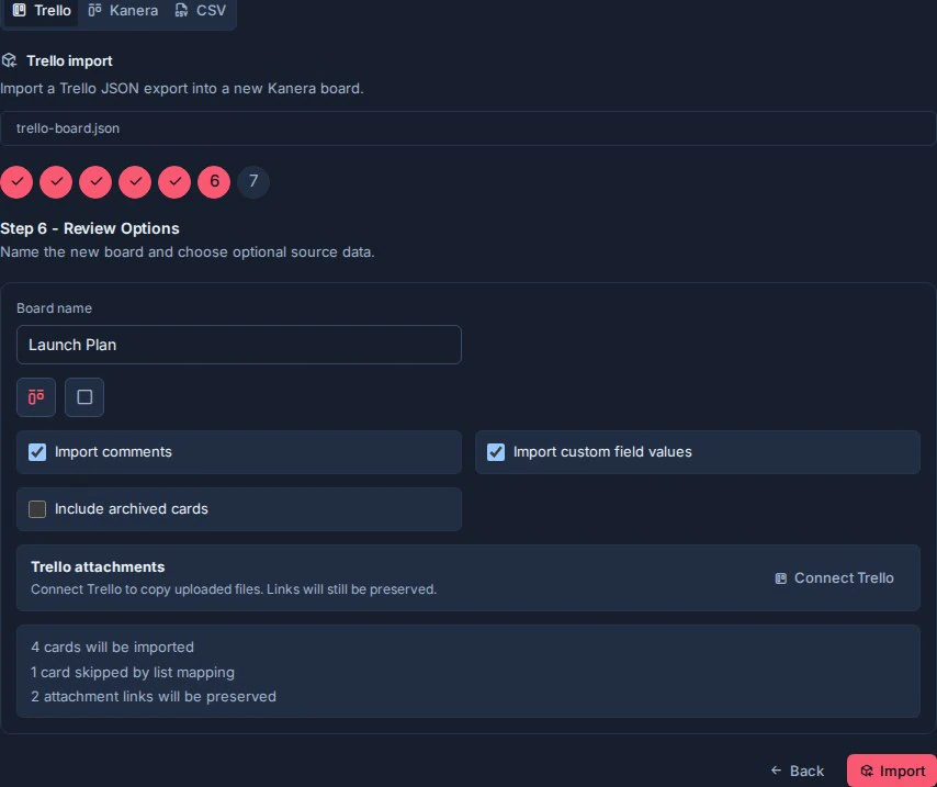 L'étape de révision de l'importation Trello affichant les options du tableau, la connexion des pièces jointes et le résumé de l'importation.