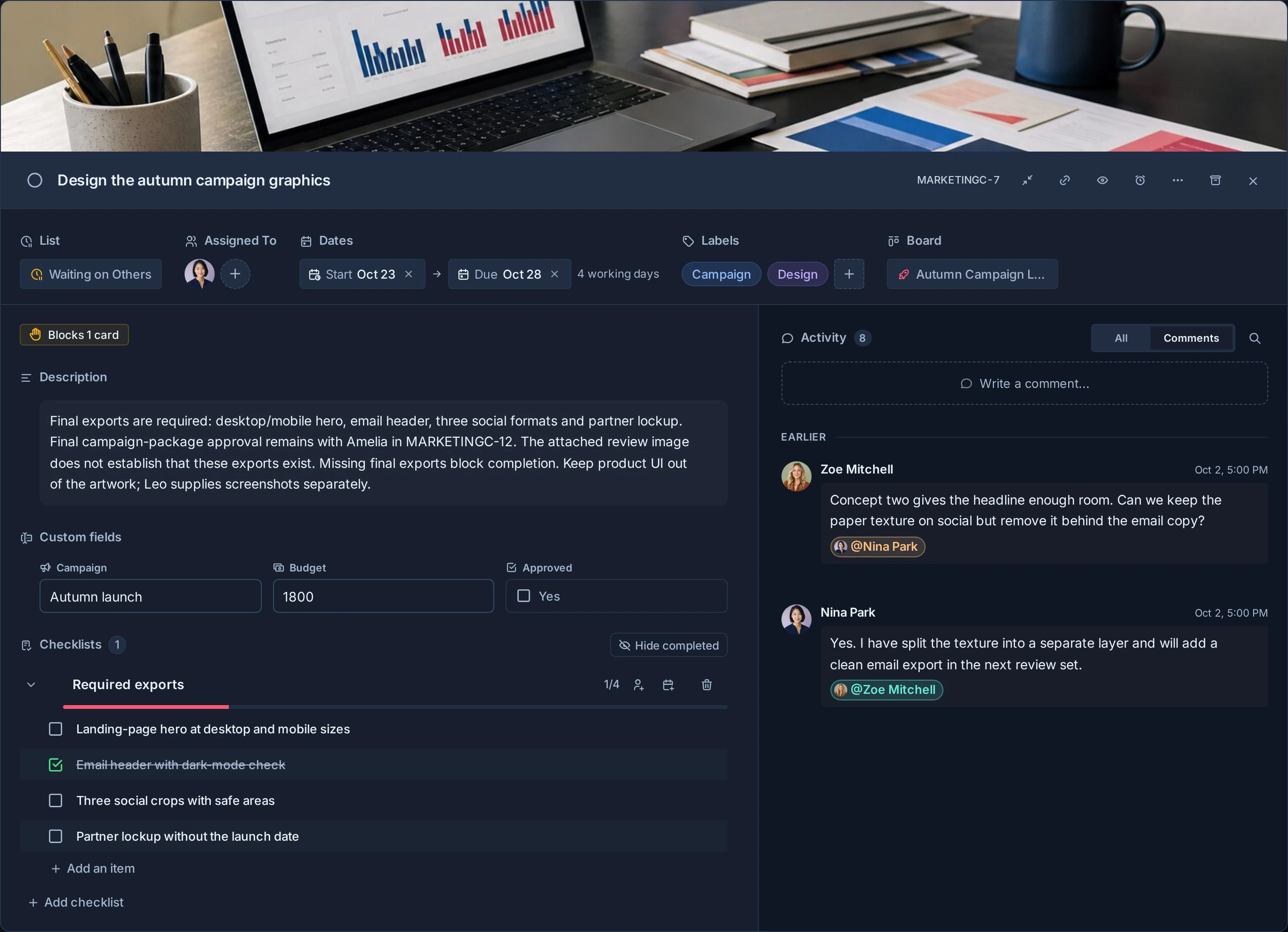 Un detalle de tarjeta Kanera en pantalla completa con asignaciones, fechas, etiquetas, descripción, campos personalizados, listas de verificación y actividad.