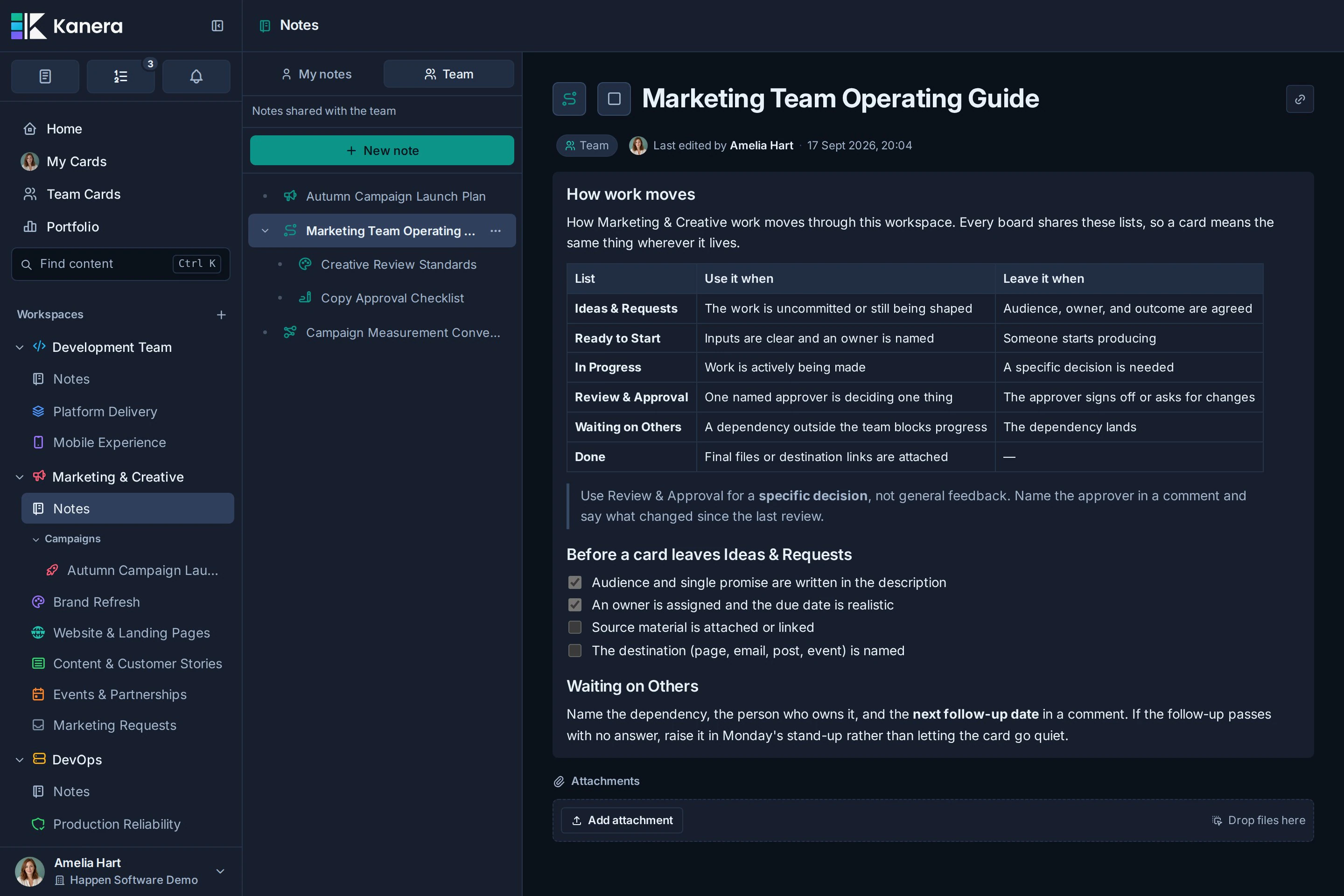Marketing and Creative Team notes with a populated nested page tree, an open operating guide with a list table, callout, and checklist, and the New note action.