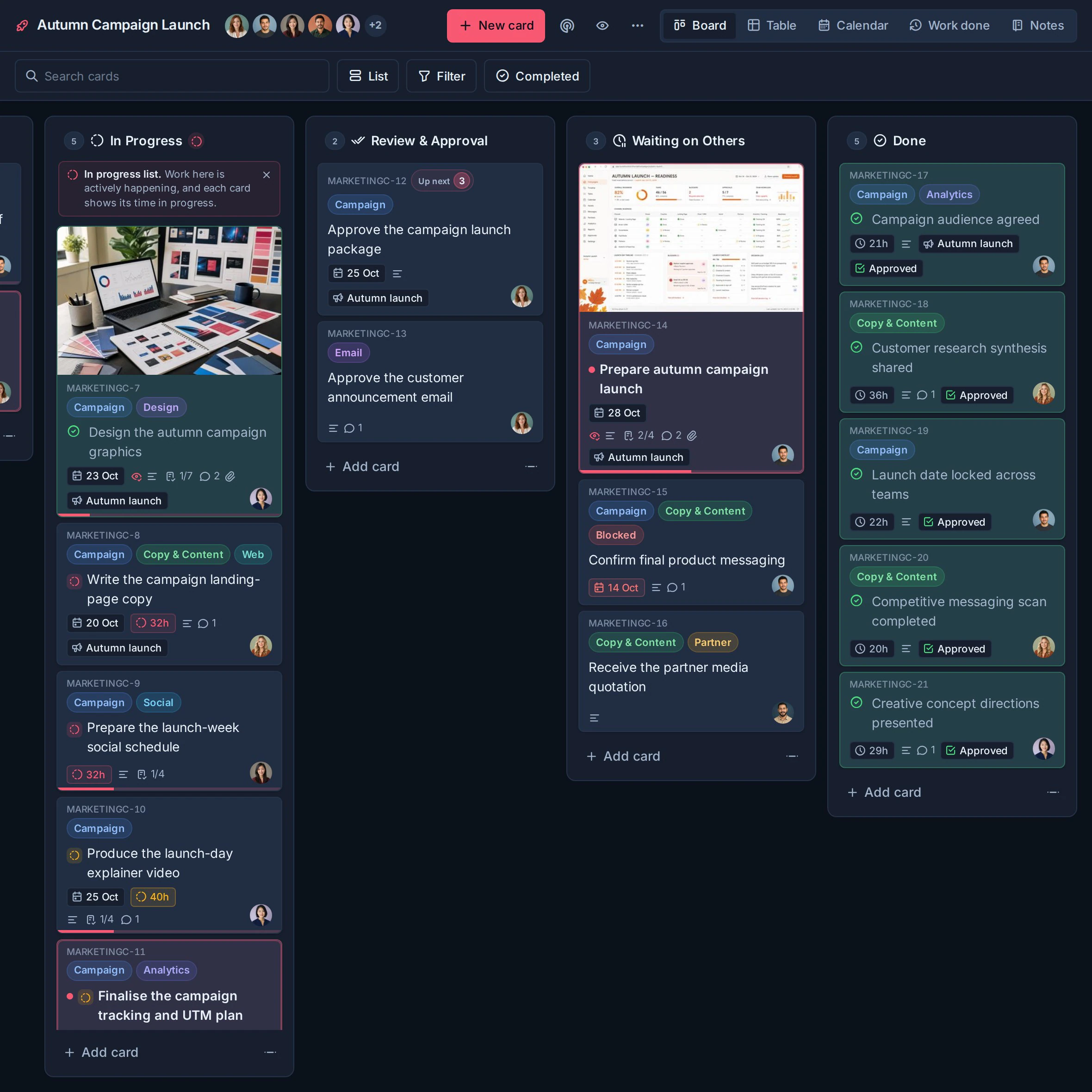 The Autumn Campaign Launch board with its In Progress list leading. The list header carries an in-progress marker and a one-time hint, open cards show running times such as 32h, two cards past the alert show amber 40h and 48h, and completed cards in Done keep muted totals such as 21h and 36h.